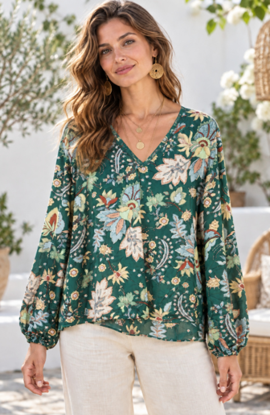 Daytrip Women's XL green Satin Top Paisley Elegant Artsy boho fall festival